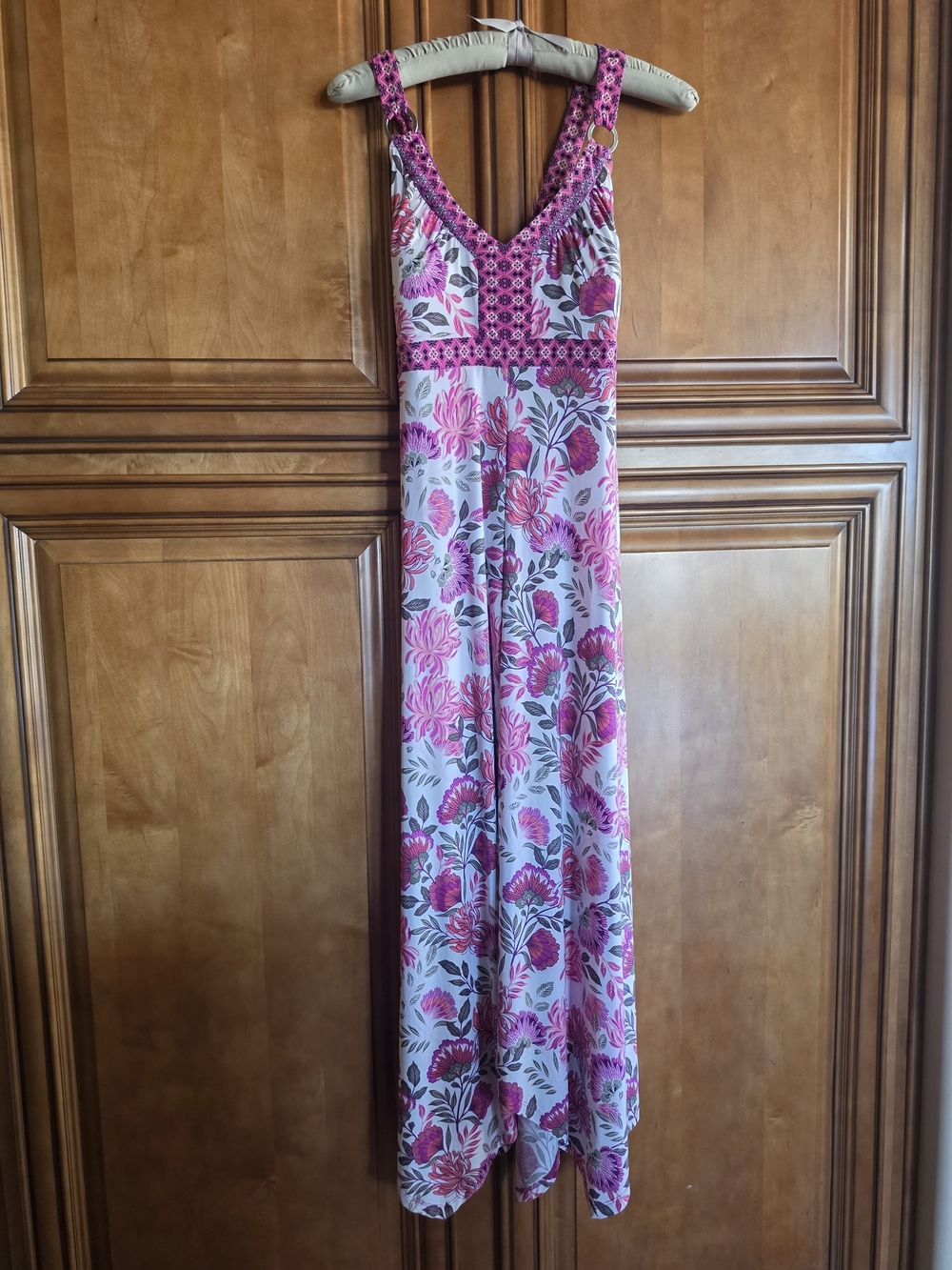 INC Sleeveless Pink Patterned Maxi Dress Scarf Hem Cup Inserts Size L EUC